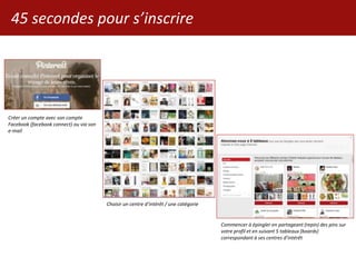 45 secondes pour s’inscrire
Créer un compte avec son compte
Facebook (facebook connect) ou via son
e-mail
Choisir un centre d’intérêt / une catégorie
Commencer à épingler en partageant (repin) des pins sur
votre profil et en suivant 5 tableaux (boards)
correspondant à ses centres d’intérêt
 