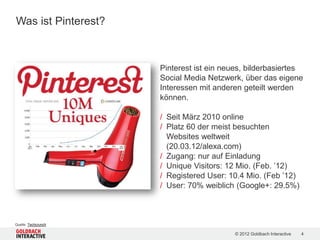 Was ist Pinterest?



                     Pinterest ist ein neues, bilderbasiertes
                     Social Media Netzwerk, über das eigene
                     Interessen mit anderen geteilt werden
                     können.

                     / Seit März 2010 online
                     / Platz 60 der meist besuchten
                       Websites weltweit
                       (20.03.12/alexa.com)
                     / Zugang: nur auf Einladung
                     / Unique Visitors: 12 Mio. (Feb. ’12)
                     / Registered User: 10.4 Mio. (Feb ’12)
                     / User: 70% weiblich (Google+: 29.5%)



Quelle: Techcrunch

                                         © 2012 Goldbach Interactive   4
 