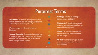 Pinterest Terms
                                                                 Pinning: The act of posting a
Pinterest: ...
