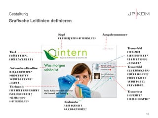 Gestaltung
Grafische Leitlinien definieren


                        Kopf                Ausgabennummer
                        a f e e H trrn
                         u w iß m inegu d


                                                             Teaserfeld
Titel                                                        m ze
                                                               it w i
pä n ne
 rg a ts                                                     w itrnT p
                                                               e ee o -
gü e Z ic e
 rn s e h n                                                  Te e dr
                                                              hm n e
                                                             A sa e
                                                              ug b
Aufmacher-Headline                                           Teaserbild
inR bikab
     u r fre                                                 q a rt c e
                                                              u daish r
kicb r it
 lk a m                                                      B d uc n t
                                                              ila sh it ;
Vr kn af
 el u g u
     in                                                      kicb r it
                                                              lk a m
At e
 r lik                                                       Vr kn
                                                              el u g
                                                                 in
Titelmotiv                                                   af r e
                                                              u At lik
M ab itr ot it
   itre e- r a
           P r                                               Teasertext
N h un h e
  a a fa m ;                                                 H ale
                                                              e din
shic tr
 c lhe                                                       m U tre e
                                                               it nez il
H trrn
  inegu d                  Endmarke
                           S c sc in
                            eh ek
                           R bik nab
                            u r e fre
                                                                      18
 