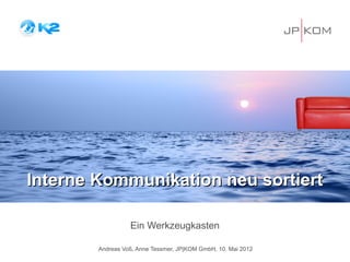 Interne Kommunikation neu sortiert

                  Ein Werkzeugkasten

        Andreas Voß, Anne Tessmer, JP|KOM GmbH, 10. Mai 2012
 