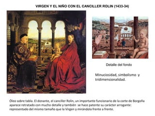 VIRGEN Y EL NIÑO CON EL CANCILLER ROLIN (1433-34)
Detalle del fondo
Óleo sobre tabla. El donante, el canciller Rolin, un importante funcionario de la corte de Borgoña
aparece retratado con mucho detalle y también se hace patente su carácter arrogante:
representado del mismo tamaño que la Virgen y mirándola frente a frente.
Minuciosidad, simbolismo y
tridimensionalidad.
 