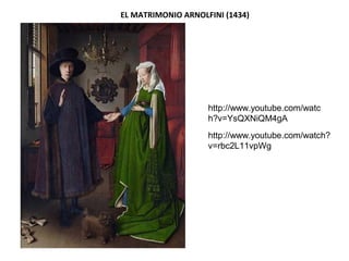 EL MATRIMONIO ARNOLFINI (1434)
http://www.youtube.com/watc
h?v=YsQXNiQM4gA
http://www.youtube.com/watch?
v=rbc2L11vpWg
 