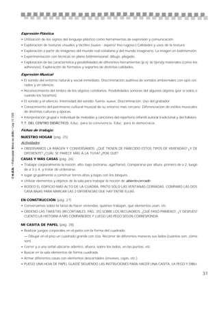 Expresión Plástica
• Utilización de los signos del lenguaje plástico como herramientas de expresión y comunicación.
• Exploración de texturas visuales y táctiles (suave - áspero/ liso rugoso-) Calidades y usos de la textura.
• Exploración a partir de imágenes del mundo real cotidiano y del mundo imaginario. La imagen en bidimensión.
• Experimentación con técnicas en plano bidimensional: dibujo, plegado.
• Exploración de las característica y posibilidades de diferentes herramientas (p.ej: la tijera)y materiales (como los
  adhesivos). Exploración de formatos y soportes de distintas calidades.

Expresión Musical
• El sonido del entorno natural y social inmediato. Discriminación auditiva de sonidos ambientales con ojos cer-
  rados y en silencio.
• Reconocimiento del timbre de los objetos cotidianos. Posibilidades sonoras del algunos objetos (por sí solos o
  cuando los tocamos)
• El sonido y el silencio. Intensidad del sonido: fuerte- suave. Discriminación. Uso del grabador.
• Conocimiento del patrimonio cultural musical de su entorno más cercano. Diferenciación de estilos musicales
  de distintas culturas y épocas.
• Interpretación grupal e individual de melodías y canciones del repertorio infantil autoral tradicional y del folklore.
T.T. DEL CENTRO DIDÁCTICO: Educ. para la convivencia. Educ. para la democracia.

Fichas de trabajo:

NUESTRO HOGAR (pág. 25)
Actividades
• OBSERVAMOS LA IMAGEN Y CONVERSAMOS: ¿QUÉ TIENEN DE PARECIDO ESTOS TIPOS DE VIVIENDAS? ¿Y DE
  DIFERENTE? ¿CUÁL SE PARECE MÁS A LA TUYA? ¿POR QUÉ?
CASAS Y MÁS CASAS (pág. 26)
• Trabajar corporalmente la noción: alto- bajo (estirarse, agacharse). Compararse por altura, primero de a 2, luego
  de a 3 o 4, y tratar de ordenarse.
• Jugar grupalmente a construir torres altas y bajas con los bloques .
• Utilizar elementos y objetos de la sala para trabajar la noción de abierto-cerrado.
• RODEO EL EDIFICIO MÁS ALTO DE LA CUADRA, PINTO SÓLO LAS VENTANAS CERRADAS. COMPARO LAS DOS
  CASA BAJAS PARA MARCAR LAS 2 DIFERENCIAS QUE HAY ENTRE ELLAS.

EN CONSTRUCCIÓN (pág. 27)
• Conversamos sobre la tarea de hacer viviendas: quiénes trabajan, qué elementos usan, etc.
• ORDENO LAS TARJETAS (RECORTABLES, PÁG. 35) SOBRE LOS RECUADROS: ¿QUÉ PASÓ PRIMERO?, ¿Y DESPUÉS?
  CUENTO LA HISTORIA A MIS COMPAÑEROS Y LUEGO LAS PEGO SEGÚN CORRESPONDA.

MI CASITA DE PAPEL (pág. 28)
• Realizar juegos corporales en el patio con la forma del cuadrado.
  — Dibujar en el piso un cuadrado grande con tiza. Recorrer de diferentes maneras sus lados (cuántos son, cómo
  son).
• Correr y a una señal ubicarse adentro, afuera, sobre los lados, en las puntas, etc.
• Buscar en la sala elementos de forma cuadrada.
• Armar diferentes casas con elementos descartables (envases, cajas, etc.).
• PLIEGO UNA HOJA DE PAPEL GLASSÉ SIGUIENDO LAS INSTRUCIONES PARA HACER UNA CASITA, LA PEGO Y DIBU-


                                                                                                                           31
 