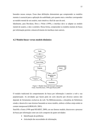 15



baseados nessas crenças. Essas duas definições demonstram que compreender os modelos
mentais é essencial para a aplicação da usabilidade, pois quanto mais a interface corresponder
ao modelo mental de seu usuário, mais intuitiva e fácil de usar ela será.
Idealmente, para Davidson, Dove e Weltz (1999), a interface deve se adaptar ao modelo
mental do usuário, e não o contrário. Dessa forma, compreender os modelos mentais de busca
por informação permite o desenvolvimento de interfaces mais usáveis.




4.2 Modelo linear versus modelo dinâmico




                           Figura 1: Modelo linear de busca por informação
                          Fonte: Sutcliffe;Ennis, 1998 apud Hearst,2009


O modelo tradicional de comportamento de busca por informação é anterior a web e sua
popularização. As atividades que fazem parte do ciclo descrito por diversos autores não
depende de ferramentas exclusivas da web. Na Biblioteconomia, a disciplina de Referência
estuda e desenvolve suas técnicas baseando-se nesse modelo, embora a ênfase esteja ainda no
contato interpessoal (GROGAN, 2001).
Sutcliffe e Ennis (1998 apud HEARST, 2009), em seu famoso modelo, descrevem o processo
de busca por informação como um ciclo composto de quatro atividades:
           • Identificação do problema;
           • Articulação das necessidades de informação;
 