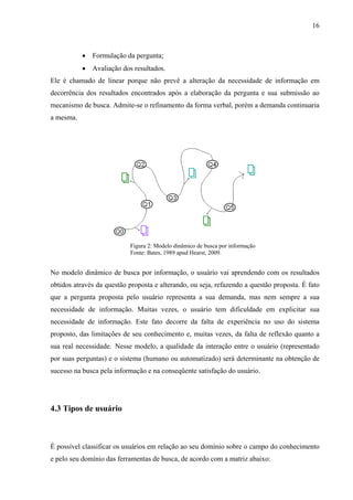 16



           • Formulação da pergunta;
           • Avaliação dos resultados.
Ele é chamado de linear porque não prevê a alteração da necessidade de informação em
decorrência dos resultados encontrados após a elaboração da pergunta e sua submissão ao
mecanismo de busca. Admite-se o refinamento da forma verbal, porém a demanda continuaria
a mesma.




                           Figura 2: Modelo dinâmico de busca por informação
                           Fonte: Bates, 1989 apud Hearst, 2009.


No modelo dinâmico de busca por informação, o usuário vai aprendendo com os resultados
obtidos através da questão proposta e alterando, ou seja, refazendo a questão proposta. É fato
que a pergunta proposta pelo usuário representa a sua demanda, mas nem sempre a sua
necessidade de informação. Muitas vezes, o usuário tem dificuldade em explicitar sua
necessidade de informação. Este fato decorre da falta de experiência no uso do sistema
proposto, das limitações de seu conhecimento e, muitas vezes, da falta de reflexão quanto a
sua real necessidade. Nesse modelo, a qualidade da interação entre o usuário (representado
por suas perguntas) e o sistema (humano ou automatizado) será determinante na obtenção de
sucesso na busca pela informação e na conseqüente satisfação do usuário.




4.3 Tipos de usuário



É possível classificar os usuários em relação ao seu domínio sobre o campo do conhecimento
e pelo seu domínio das ferramentas de busca, de acordo com a matriz abaixo:
 