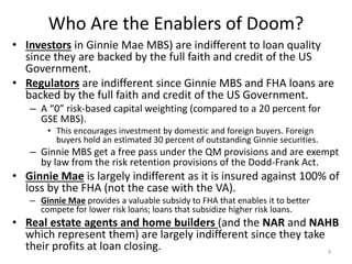 Who Are the Enablers of Doom?
• Investors in Ginnie Mae MBS) are indifferent to loan quality
since they are backed by the ...