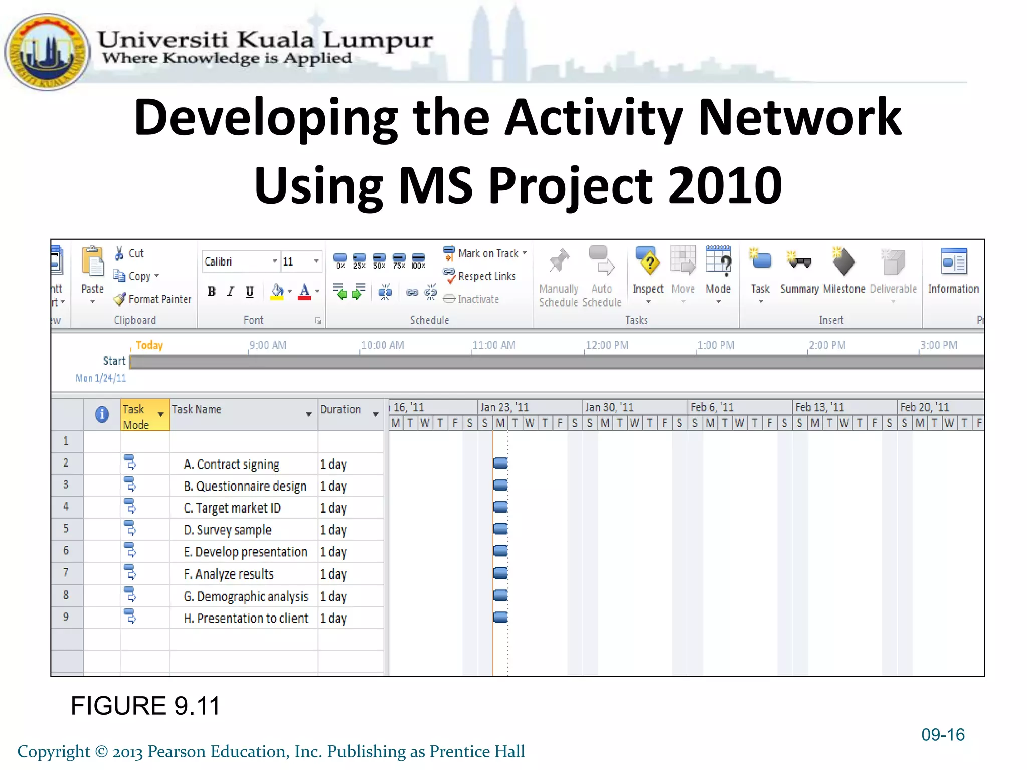 FIGURE 9.11
Developing the Activity Network
Using MS Project 2010
09-16
Copyright © 2013 Pearson Education, Inc. Publishing as Prentice Hall
 
