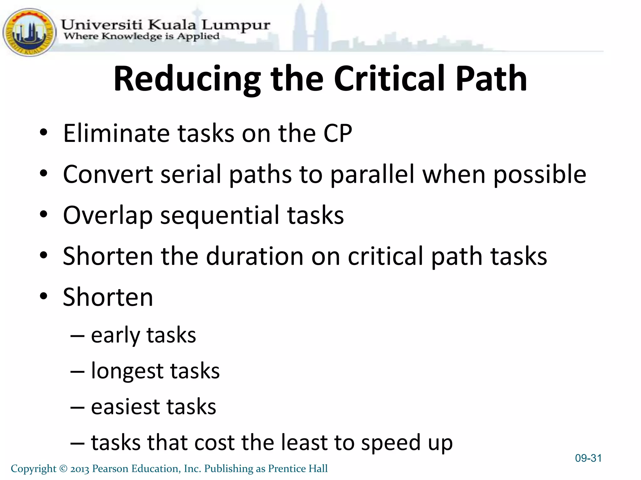 Copyright © 2013 Pearson Education, Inc. Publishing as Prentice Hall
Reducing the Critical Path
• Eliminate tasks on the CP
• Convert serial paths to parallel when possible
• Overlap sequential tasks
• Shorten the duration on critical path tasks
• Shorten
– early tasks
– longest tasks
– easiest tasks
– tasks that cost the least to speed up 09-31
 