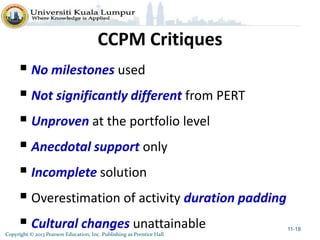 Copyright © 2013 Pearson Education, Inc. Publishing as Prentice Hall
CCPM Critiques
 No milestones used
 Not significantly different from PERT
 Unproven at the portfolio level
 Anecdotal support only
 Incomplete solution
 Overestimation of activity duration padding
 Cultural changes unattainable 11-18
 