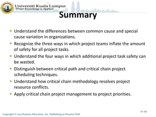Copyright © 2013 Pearson Education, Inc. Publishing as Prentice Hall
Summary
 Understand the differences between common cause and special
cause variation in organizations.
 Recognize the three ways in which project teams inflate the amount
of safety for all project tasks.
 Understand the four ways in which additional project task safety can
be wasted.
 Distinguish between critical path and critical chain project
scheduling techniques.
 Understand how critical chain methodology resolves project
resource conflicts.
 Apply critical chain project management to project priorities.
11-19
 