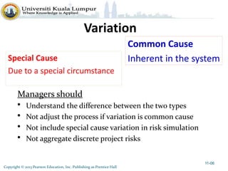 Copyright © 2013 Pearson Education, Inc. Publishing as Prentice Hall
Variation
Common Cause
Inherent in the system
11-06
Special Cause
Due to a special circumstance
Managers should
• Understand the difference between the two types
• Not adjust the process if variation is common cause
• Not include special cause variation in risk simulation
• Not aggregate discrete project risks
 