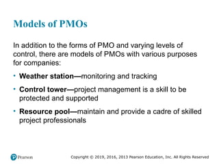 Copyright © 2019, 2016, 2013 Pearson Education, Inc. All Rights Reserved
Models of PMOs
In addition to the forms of PMO and varying levels of
control, there are models of PMOs with various purposes
for companies:
• Weather station—monitoring and tracking
• Control tower—project management is a skill to be
protected and supported
• Resource pool—maintain and provide a cadre of skilled
project professionals
 