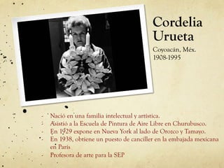 Cordelia
Urueta
Coyoacán, Méx.
1908-1995
-  Nació en una familia intelectual y artística.
-  Asistió a la Escuela de Pintura de Aire Libre en Churubusco.
-  En 1929 expone en Nueva York al lado de Orozco y Tamayo.
-  En 1938, obtiene un puesto de canciller en la embajada mexicana
en París
-  Profesora de arte para la SEP
 