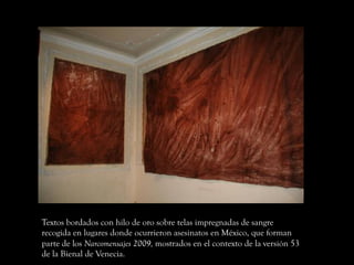 Textos bordados con hilo de oro sobre telas impregnadas de sangre
recogida en lugares donde ocurrieron asesinatos en México, que forman
parte de los Narcomensajes 2009, mostrados en el contexto de la versión 53
de la Bienal de Venecia.
 