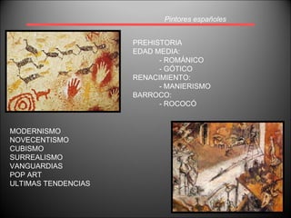 Pintores españoles PREHISTORIA EDAD MEDIA:  - ROMÁNICO - GÓTICO RENACIMIENTO: - MANIERISMO BARROCO: - ROCOCÓ MODERNISMO NOVECENTISMO CUBISMO SURREALISMO VANGUARDIAS POP ART ULTIMAS TENDENCIAS 