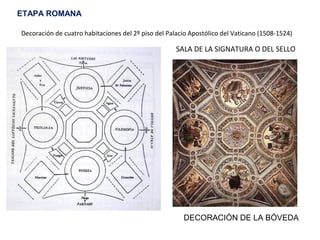 SALA DE LA SIGNATURA O DEL SELLO
DECORACIÓN DE LA BÓVEDA
ETAPA ROMANA
Decoración de cuatro habitaciones del 2º piso del Palacio Apostólico del Vaticano (1508-1524)
http://www.museivaticani.va/content/museivaticani/es/collezioni/musei/stanze-di-raffaello.html
 