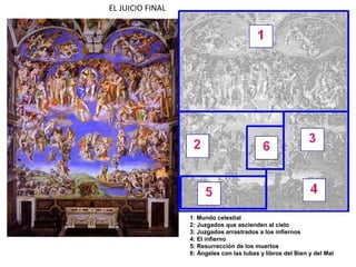 EL JUICIO FINAL
En 1536 comenzó por encargo del Papa
Paulo III el Juicio Final, donde se
aprecian de lleno los cambios
experimentados por Miguel Ángel, ya
desligado de la concepción de armonía y
belleza y cada vez más cercano a la
expresión de una idea. Las pinturas
reflejan su evolución hacia una estética
manierista y también el estado de
ánimo del artista. La influencia de la
iconografía clásica es también patente
en esta obra, en la que aparecen
personajes como Caronte o Cristo
representado como Júpiter. También es
evidente la influencia de la iconografía
utilizada en los tímpanos románicos y
góticos para representar el Juicio Final.
http://www.museivaticani.va/content/museivaticani/es/collezioni/musei/cappella-sistina/giudizio-universale.html
 