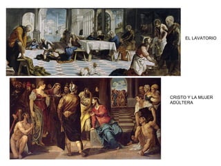 -Composiciones atrevidasm de
rasgos manieristas: luces violentas,
contrastes de luces y sombras,
escorzos, movimiento tenso e
inestable, paisajes románticos…
-Profundidad conseguida por
contrastes lumínicos o utilizando un
punto de vista bajo
-Muchos de sus cuadros conectaron
directamente con la complejidad
del Barroco.
TINTORETTO
SAN MARCOS LIBERANDO AL ESCLAVO
 