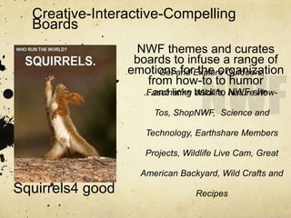 Creative-Interactive-Compelling
  Boards
                   NWF themes and curates
                   boards to infuse a range of
                  emotionsand Explore Outdoors,
                       Get for the organization
                     from how-to to humor
                    …and links Wildlife, Naturesite
                    Fascinating back to NWF How-

                       Tos, ShopNWF, Science and

                     Technology, Earthshare Members

                     Projects, Wildlife Live Cam, Great

                    American Backyard, Wild Crafts and
Squirrels4 good                  Recipes
 