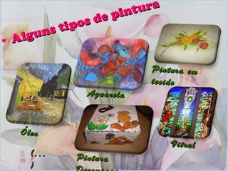 Alguns tipos de pintura Óleo Pintura em tecido Pintura Decoupage  Aguarela Vitral (...) 