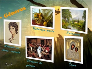 Géneros Natureza morta Retrato ou Auto-retrato Pintura de género Paisagem Ícone (…) 