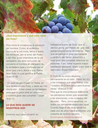 ¿Qué importancia y qué valor tiene
dar fruto?
Dios toma la iniciativa en la salvación
del hombre; Cristo, el auténtico
tronco de la vid invita, llama a todos
los hombres, por el amor del Padre
y del Hijo, a ser miembros de la vid
verdadera; por esta comunión se
convierte el hombre en pámpano de
la verdadera cepa y vivificado por el
amor que une a Jesús y a su Padre,
lleva fruto, lo cual glorifica al Padre.
(Juan15:16)
“En esto es glorificado mi Padre, en
que llevéis mucho fruto, y seáis así mis
discípulos…Estas cosas os he hablado,
para que mi gozo esté en vosotros,
y vuestro gozo sea cumplido.” (Juan
15.8,11).
LO QUE DIOS QUIERE DE
NOSOTROS HOY:
Estamos aquí para convertir en
realidad el sueño de Dios: que le
demos gloria por medio de una vida
extraordinariamente abundante. Para
que tengamos el gozo permanente
y perfecto del Señor Jesucristo y
este gozo sea cumplido (efectivo) en
nosotras. Y así hallar nuestra mayor
realización personal, ahora y por toda la
eternidad. Bruce Wilkinson
El fruto es su único depósito
permanente en el cielo. Pablo les dijo
a los cristianos que ellos habían sido
“creados en Cristo Jesús para buenas
obras” (Efesios 2:10).
Para que la viña produzca realmente,
los pámpanos tienen que responder
a las atenciones, a los cuidados del
labrador. Pero, como veremos, no
todos los pámpanos responden igual.
Cuando llega el día de la vendimia,
cada uno de ellos habrá producido una
cosecha de distinto tamaño.
[Continuará en el próximo número]
13
 