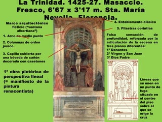 La Trinidad. 1425-27. Masaccio.
Fresco, 6'67 x 3'17 m. Sta. María
Novella. Florencia.
Marco arquitectónico
ficticio (“ventana
albertiana”)
1. Arco de medio punto
2. Columnas de orden
jónico
3. Capilla cubierta por
una bóveda de cañón
decorada con casetones
5. Pilastras corintias
4. Entablamento clásico
1ª obra pictórica de
perspectiva lineal
(= manifiesto de la
pintura
renacentista)
Líneas que
se unen en
un punto de
fuga
situado en
el centro
del piso
sobre el
que se
erige la
cruz
Falsa sensación de
profundidad, reforzada por la
articulación de la escena en
tres planos diferentes:
1º Donantes
2º Virgen y San Juan
3º Dios Padre
 