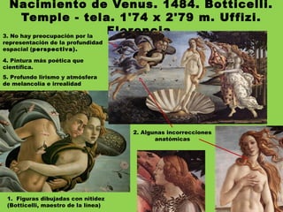 Nacimiento de Venus. 1484. Botticelli.
Temple - tela. 1'74 x 2'79 m. Uffizi.
Florencia.
2. Algunas incorrecciones
anatómicas
1. Figuras dibujadas con nitidez
(Botticelli, maestro de la línea)
3. No hay preocupación por la
representación de la profundidad
espacial (perspectiva).
4. Pintura más poética que
científica.
5. Profundo lirismo y atmósfera
de melancolía e irrealidad
 