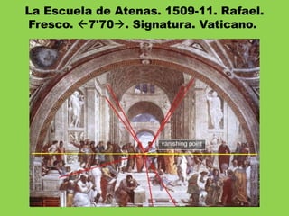 La Escuela de Atenas. 1509-11. Rafael.
Fresco. 7'70. Signatura. Vaticano.
 