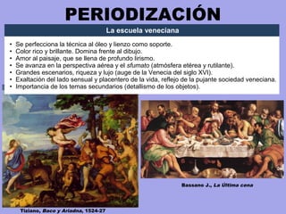 PERIODIZACIÓN
Tiziano, Baco y Ariadna, 1524-27
Bassano J., La Última cena
La escuela veneciana
• Se perfecciona la técnica al óleo y lienzo como soporte.
• Color rico y brillante. Domina frente al dibujo.
• Amor al paisaje, que se llena de profundo lirismo.
• Se avanza en la perspectiva aérea y el sfumato (atmósfera etérea y rutilante).
• Grandes escenarios, riqueza y lujo (auge de la Venecia del siglo XVI).
• Exaltación del lado sensual y placentero de la vida, reflejo de la pujante sociedad veneciana.
• Importancia de los temas secundarios (detallismo de los objetos).
 