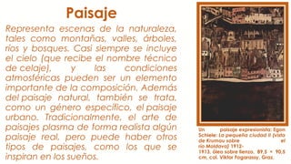 Paisaje
Representa escenas de la naturaleza,
tales como montañas, valles, árboles,
ríos y bosques. Casi siempre se incluye
el cielo (que recibe el nombre técnico
de celaje), y las condiciones
atmosféricas pueden ser un elemento
importante de la composición. Además
del paisaje natural, también se trata,
como un género específico, el paisaje
urbano. Tradicionalmente, el arte de
paisajes plasma de forma realista algún
paisaje real, pero puede haber otros
tipos de paisajes, como los que se
inspiran en los sueños.
Un paisaje expresionista: Egon
Schiele: La pequeña ciudad II (vista
de Krumau sobre el
río Moldava) 1912-
1913, óleo sobre lienzo, 89,5 × 90,5
cm, col. Viktor Fogarassy, Graz.
 