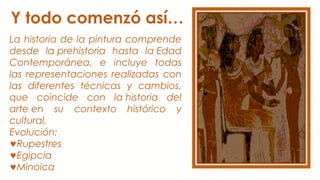La historia de la pintura comprende
desde la prehistoria hasta la Edad
Contemporánea, e incluye todas
las representaciones realizadas con
las diferentes técnicas y cambios,
que coincide con la historia del
arte en su contexto histórico y
cultural.
Evolución:
♥Rupestres
♥Egipcia
♥Minoica
Y todo comenzó así…
 