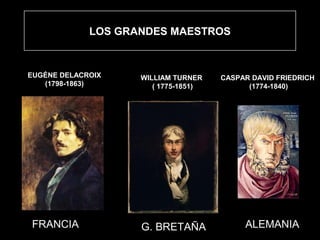 LOS GRANDES MAESTROS
EUGÉNE DELACROIX
(1798-1863)
WILLIAM TURNER
( 1775-1851)
CASPAR DAVID FRIEDRICH
(1774-1840)
FRANCIA G. BRETAÑA ALEMANIA
 