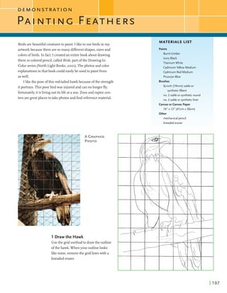 Birds arebeautifulcreaturesto paint. Iliketo usebirdsin my
MATERIALS LIST
I
artworkbecausethereare somany differentshapes,sizesand
colorsofbirds. In fact,I createdan entirebook aboutdrawing
them in coloredpencil,called Birds, part ofthe Drawing In
Color series (NorthLight Books, 2001).Thephotos and color
explanationsinthatbook couldeasilybe usedto paintfrom
aswell.
I likethe pose ofthis red-tailedhawkbecauseofthe strength
itportrays. Thispoor birdwas injuredand canno longerfly;
fortunately,itisliving outits lifeat a zoo. Zoos and raptor cen-
ters aregreatplacesto take photos and findreferencematerial.
Paints
Burnt Umber
Ivory Black
Titanium White
Cadmium Yellow Medium
Cadmium Red Medium
PrussianBlue
Brushes
%-inch (19mm) sable or
syntheticfilbert
no. 2 sable or syntheticround
no. 2 sable or syntheticliner
1 Draw the Hawk
Use the gridmethodto drawthe outline
ofthe hawk. Whenyour outlinelooks
likemine,removethe gridlineswith a
kneadederaser.
Canvas or Canvas Paper
1 6 x 1 2 " (41cmx30cm)
Other
mechanical pencil
kneadederaser
 