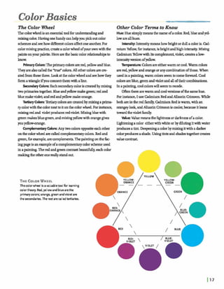 ColorBasics
The Color Wheel
Thecolorwheelisanessentialtoolforunderstandingand
mixing color.Havingonehandyanhelpyoupickoutcolor
schemegand seehowdifferentcolorscolorsonea n h For
colormixingpractk,mate a colorwheel ofyour ownwiththe
paintsonyourpal-. Herearethebask colorrelationshipsto
how*
himayCdors:Theprimarym harered,yellowandblue.
Theyarealsod e dthe *Wcolors.All othercolorsare m
akdfromthesethree.hokatthe colorwheel andseehowthey
formatriangleifyoumeetthemwithaline.
Secondarym l o ~Eachsecondarycolorisaeatdbymixing
t w o p r h a r i e s ~ .Blueandye~&greewredand
bluemakeviolet,andredandyellow makeorange.
T d a y CobmT d a qcolorsarecreatedbymixingaprima-
rycolorwiththecolornmttait onthe colorwheel Forinstance]
mixingredand violet producesred-viok Mixingbluewith
greenmakesbluegreen,andmixingyellowwithorange gives
you*-ow.
bmplementamyCdors:Anytwocolorsoppaiieeachother
onthecolorwhee.l ared e dcomplementarycolors.Redand
grea, fbrexample,arecomplements,Thepaintingontheh-
ingpageis anexampleofacomplementarycolorschemeused
inapainting.Theredandgreencontrastbeautifully,e& color
mahg the otheronereallydout.
THECOLORWHEEL
Thewlorwheel is a valuabletool for Ikarning
colortheory. Red, yellow and bluearethe
primarywlors; orange, green andviolet are
thesewndari-. The restare called tertiaries.
= I
Other Color T e r nto Know
Hue: Hue simplymeansthe nameofacolor.Red,blueandyel-
lowareallhues.
Intensitj:Intensitymeanshowbrightordulla coloris.Cad-
mium Yellow,fbrinstance,is b+t andhigh-intensityMixing
cadmiumYellowwitfiitscomplement,violet, createsalow-
i n ~ m i o n o f y e l l o w .
Temperature: Colorsareeitherwarmorcool.Warm colors
arered, flow andorange oranycombinationofthose.when
used inapainting,warmcolorsseemtocomef o r d Cool
colorsareblueIgreenandvioletandalloftheircombinations.
Inapain-, coolcolorswin geemto recede.
Oftemtherearewarmanddversiona of& samehue,
Forhsbme, IuseCadmiumRedandAZizarinCrimson.While
bth areintheredfamily, admiurn Rediswarm,withan
orangeylook,andAZizarinCrimsoniscoolerlbemuseitleans
towardtheviolet-
Wlut Valuemeansthe@mess ordarlmessof a color.
Lightehg a color eitherwithwhiteorbydilutingitwitfiwater
pmducesatint. Deepeningacolorbymixingitwithadarker
&r producesashade. Usingtintsand s h a htogethercreaw
d u ec o r n
/ YELLOW 
GREEN 1
yLuE-GREEN (
LED


 VIOLET /
 
