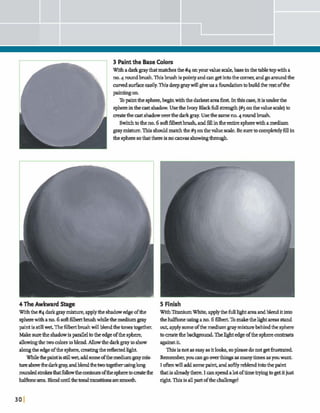 3 Paintthe Base Colors
1 With adarkgraythatmatchesthe#4 onyourvaluescale, baseinthetabletopwith a
, n o . ~ d b r u s h . T h i s b r u s h i s p o i n t y ~ o d ~ g e t t o t h e m m ~ ~ d p ~
A nwed surface easily.This deepgraywillgiveusah d a t i o ntobuildthe restofthe
paintingon.
Topaintthesphere,beginwiththedarMareah s t Inthism e ,it isunderthe
sphereinthemst shadow.UsetheIvory Blackfullstrengh (#sonthevalue sde) to
matetheastshadow over thedarkgray. Usethesame no.4 roundbrush
Switchtothe no.6 soft f l h tbrush, and intheentirespherewithamedium
mixture.Thisshouldmatchtfie#.j onthevaluesale. Be suretocompletelyfillin
the spheresothatthere isnocranyagshowingthrough.
4 TheAwkward Stage
Withthe#4 darkgraymixture]applythe shadowedgeofthe
spherewithano.6 suftfilbertbrushwhilethemediumgray
paintisstillwet Thefilbertbrushwillblendthetonestogether.
Make suretheshadowisparalleltotheedgeofthesphere,
allowingthetwocolorstoblend.AUow thedarkgraytoshow
alongthe edgeofthesphere]matingthedected light.
Whilethepaintissiill~addsomeafthemediumgcaymix-
turealxmthedafkgrapa n d b l e n d t h e ~ ~ u s i n g l o n g
~ ~ ~ f o l l o w t h e ~ o f t h e s p h e r e t n ~ t h e
~ a r a ~ ~ t h e d ~ a r e s m o o t h .
5 Finish
WithTitaniumWhite, applythe fulllightareaandblenditinto
thehalftoneusingano.6filbert.Tomaketheh&t areasstand
out, applys u mofthe mediumgraymixturebehindthe sphere
tocreatethebackgmdThe]Ightedgeofthespherecmtsasts
againstit.
Thisisnotas easy as itlooks,sopleasedonotgetm t e d
Remember,youcangomhnpasmany timesasyouwant.
I oRenwilladdsomepaint,and sofflyreblendintothe paint
thatisalreadythere.I canspendalotoftimetryingtogetitjust
right.Thisis allpartofthechallenge!
 