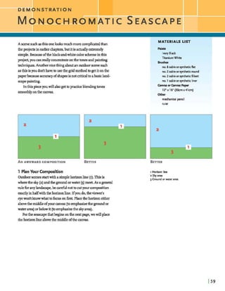 EMONSTRATION
M O N O C H R O M A T I CS E A S C A P E
A scene suchasthisonelooksmuchmorem p h t e dthan
theprojectsinearlierchapters,butitis actuallyexkmely
simple.Bemuse oftheWand-whitecolorschemeinthis
project,pcanreallyconeenkiteonthe ton^ andpainting
kchnqw.Anothernicet h q aboutanoutdoorscene such
asthisisyoudorithaveto usethe gridmethodtogetitonthe
paperb u s e accuracyofshapesisnotaitidto ahitland-
smpepainting.
Inthispieceyouwillalsogetbpracticeblendmgtones
smoothlyonthe mvas.
MATERIALS LIST
IPaints
Ivory Black
TitaniumWhite
Brush-
no. 8 sableorsyntheticflat
no. 2 sableorsyntheticrnund
no. 2 sableorsyntheticfilbert
no. 1 sableorsynthetic liner
Camsdw Canvas P a p
12'x16 (3Ocmx41cm)
Other 1
mechaniarl pencil
rulet
1 PlanYour Composition
Outdamscenesstartwithasimplehorizonline (I). Thisis
wherethesky(a)andthegroundorwater (3)meet.As a general
ruleforany landsape,bednot cutyour composition
d y inhalfwiththe horizonZinc. Ifyoudo,theviewer's
eyeworitknowwhattofwuonh~Placethehorizoneither
abovethe middleofyourcanvas (toernphasjxthegroundor
waterarea) orbelowit (toemphasizethe skyarea).
Forthe seascapethatb e ponthenextpage,wewillplace
thehorizonlineabovethe middleoftheanvas.
1 Horizon line
2 Sky area
3 Gmund or water area
 