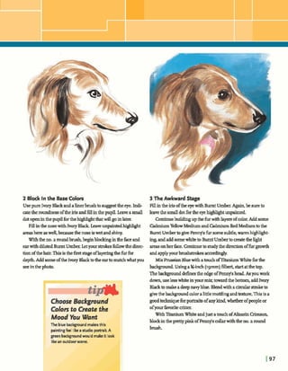 2 Blodc In the BaseColors
Usepure IvoryBlackandalinerbrushtosuggesttheeye. Indi-
atetheroundnessoftheirisandfillinthepupil.leavea small
dotopeninthepupilforthehigblqhtthatwillgoinlater.
Fill inthe nosewith lvwy Black LeaveunpainaedhQ&ht
areash maswell,k u s ethenoseiwetandshmy.
Withthe no.a roundbrush,b e pb h h ginhefaceand
earwithdilutedBurnt Umber Letyourstrokesfollowthedkc-
tionofthehair.Thisisthe thefirst oflayeringthefiufbr
deplhAddswneofthe lvwyBlacktotheeartomatchwhatyou
see inthe photo.
I Choose Background
COIOITto Create the
Mood You Want
The blue backround makesthis
paintingfeel likeast~dioportrait. A
green backgroundwould make it look
likean outdoorscene.
3 The Awkward Stage
Fillintheirisoftheeyewith B m t Umber.Agam,be sureto
leavethesmall dotfbrtheeyehighlightunpainted
Continuebuddq upthe furwithlayersofcolor.Addsume
M u mYdowMediumandCadmiumRedMediumto the
Burnt UmbertogivePennu'sfursomesubtle,warmw t -
ing,andaddsomewhitetoBumt U m ktocreatethehght
areasonherface.Continuetostudythe directionoffurgrowth
andapplyyourbrushsmhaccdqly.
Mix hwskmBluewithatouchofTitaniumWhitefbrthe
backgmmd Usinga%-inch(~grnm)flbert, startatthetop.
Thebackgmmddefmesthe edgeofPennqshead.Asyouwork
down,usek swhite inyour towardthebattom,addIvory
Blacktomakeadeepnavyblue. Blendwith acirculargtroketo
givethe bxkgmundcoloralittlemotthngandt&me. ThisBa
goodtechniqueforportraitsofanykind,whetherofpeopleor
ofyourfavoritecriw
WithTitaniumWhite andjust atouchofAlizarin Crimson,
blockintheprettypinkofPennvscollarwiththeno.a round
brush.
 