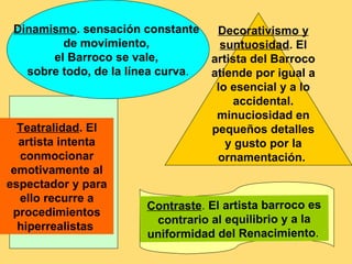 Dinamismo. sensación constante      Decorativismo y
         de movimiento,               suntuosidad. El
       el Barroco se vale,          artista del Barroco
   sobre todo, de la línea curva.   atiende por igual a
                                     lo esencial y a lo
                                        accidental.
                                     minuciosidad en
  Teatralidad. El                   pequeños detalles
  artista intenta                      y gusto por la
  conmocionar                        ornamentación.
 emotivamente al
espectador y para
  ello recurre a
                        Contraste. El artista barroco es
 procedimientos
                         contrario al equilibrio y a la
  hiperrealistas
                        uniformidad del Renacimiento.
 