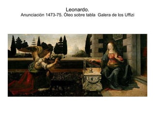 Leonardo. Anunciación 1473-75. Óleo sobre tabla  Galera de los Uffizi 