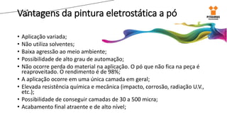 Vantagens da pintura eletrostática a pó
• Aplicação variada;
• Não utiliza solventes;
• Baixa agressão ao meio ambiente;
• Possibilidade de alto grau de automação;
• Não ocorre perda do material na aplicação. O pó que não fica na peça é
reaproveitado. O rendimento é de 98%;
• A aplicação ocorre em uma única camada em geral;
• Elevada resistência química e mecânica (impacto, corrosão, radiação U.V.,
etc.);
• Possibilidade de conseguir camadas de 30 a 500 micra;
• Acabamento final atraente e de alto nível;
 
