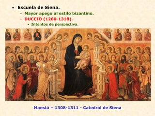 Escuela de Siena. Mayor apego al estilo bizantino. DUCCIO (1260-1318). Intentos de perspectiva. Maestá – 1308-1311 - Catedral de Siena 