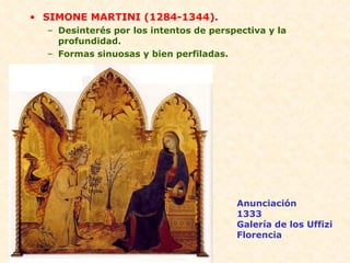 SIMONE MARTINI (1284-1344). Desinterés por los intentos de perspectiva y la profundidad. Formas sinuosas y bien perfiladas. Anunciación 1333 Galería de los Uffizi Florencia 