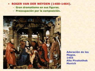 ROGER VAN DER WEYDEN (1400-1464). Gran dramatismo en sus figuras. Preocupación por la composición. Adoración de los Magos. 1455 Alte Pinakothek Munich 