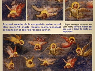 A la part superior de la composició, sobre un cel blau intens,10 àngels regirats (contorsionados) comparteixen el dolor de...