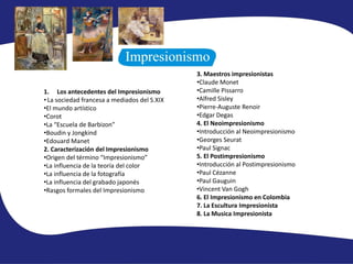1. Los antecedentes del Impresionismo
• La sociedad francesa a mediados del S.XIX
•El mundo artístico
•Corot
•La “Escuela de Barbizon”
•Boudin y Jongkind
•Edouard Manet
2. Caracterización del Impresionismo
•Origen del término “Impresionismo”
•La influencia de la teoría del color
•La influencia de la fotografía
•La influencia del grabado japonés
•Rasgos formales del Impresionismo
3. Maestros impresionistas
•Claude Monet
•Camille Pissarro
•Alfred Sisley
•Pierre-Auguste Renoir
•Edgar Degas
4. El Neoimpresionismo
•Introducción al Neoimpresionismo
•Georges Seurat
•Paul Signac
5. El Postimpresionismo
•Introducción al Postimpresionismo
•Paul Cézanne
•Paul Gauguin
•Vincent Van Gogh
6. El Impresionismo en Colombia
7. La Escultura Impresionista
8. La Musica Impresionista
 