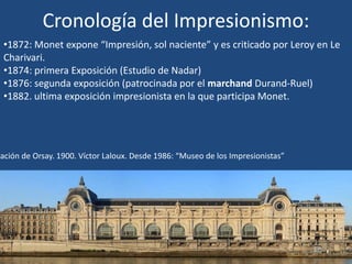 Cronología del Impresionismo:
•1872: Monet expone “Impresión, sol naciente” y es criticado por Leroy en Le
Charivari.
•1874: primera Exposición (Estudio de Nadar)
•1876: segunda exposición (patrocinada por el marchand Durand-Ruel)
•1882. ultima exposición impresionista en la que participa Monet.
tación de Orsay. 1900. Víctor Laloux. Desde 1986: “Museo de los Impresionistas”
 