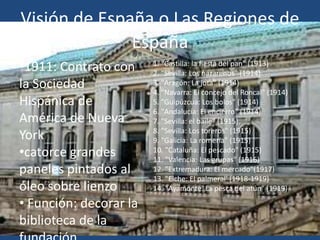 Visión de España o Las Regiones de
España
•1911: Contrato con
la Sociedad
Hispánica de
América de Nueva
York
•catorce grandes
paneles pintados al
óleo sobre lienzo
• Función: decorar la
biblioteca de la
1. "Castilla: la fiesta del pan" (1913)
2. "Sevilla: Los nazarenos" (1914)
3. "Aragón: La jota" (1914)
4. "Navarra: El concejo del Roncal" (1914)
5. "Guipúzcua: Los bolos" (1914)
6. "Andalucía: El encierro" (1914)
7. "Sevilla: el baile" (1915)
8. "Sevilla: Los toreros" (1915)
9. "Galicia: La romería" (1915)
10. "Cataluña: El pescado" (1915)
11. "Valencia: Las grupas" (1916)
12. "Extremadura: El mercado"(1917)
13. "Elche: El palmeral' (1918-1919)
14. "Ayamonte. La pesca del atún" (1919)
 
