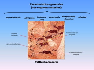 Características generales
                           (ver esquema anterior)


esquematización                     Contornos   monocromía   Composiciones        planitud
                    estilización                               dinámicas
                                      finos




      Carácter                                                   Composición en
      narrativo                                                     diagonal




convencionalismos




                                                                    Extremidades muy
                                                                         abiertas



                                   Valltorta. Cacería
 